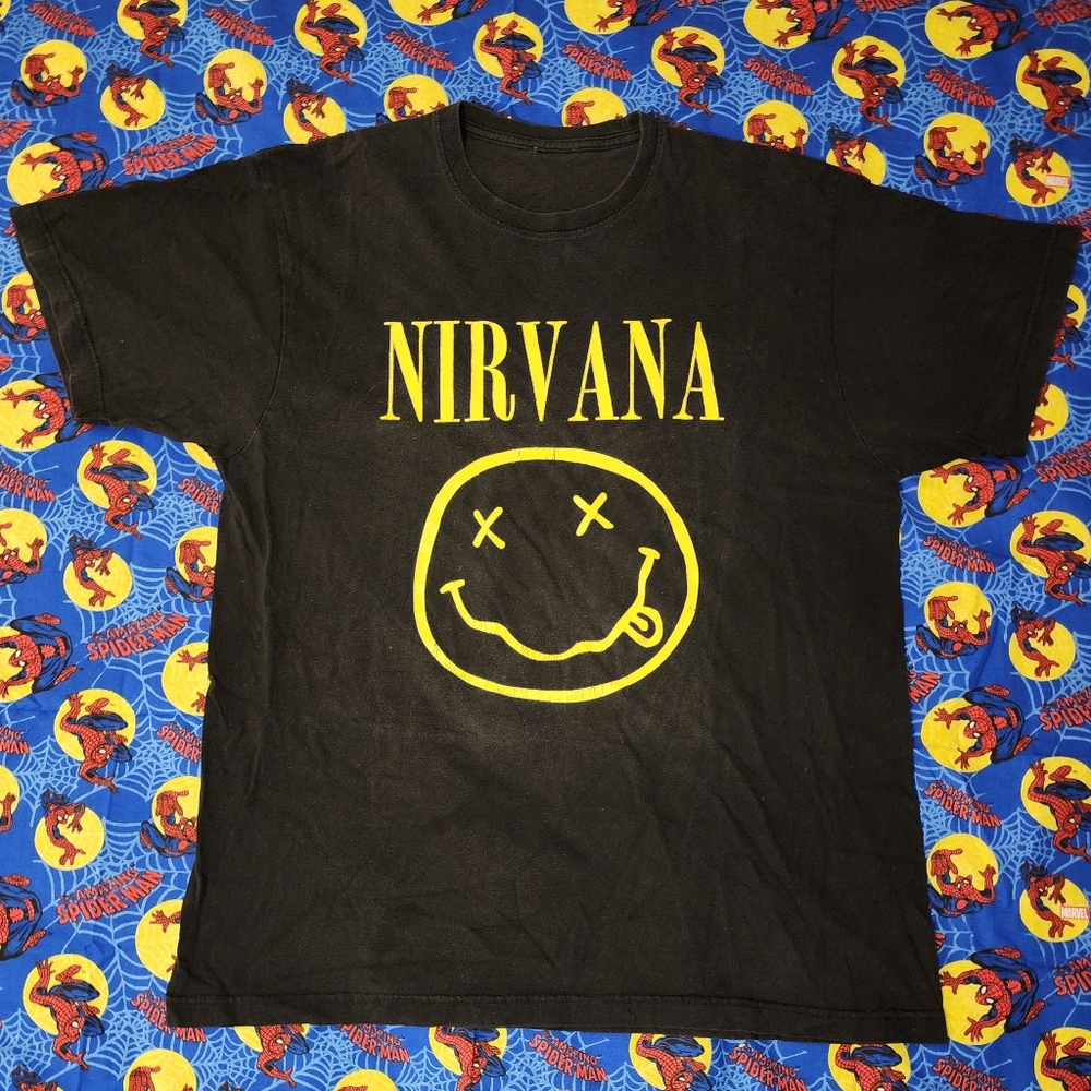 NIRVANA Black Tee with Iconic Yellow Smiley Face Large